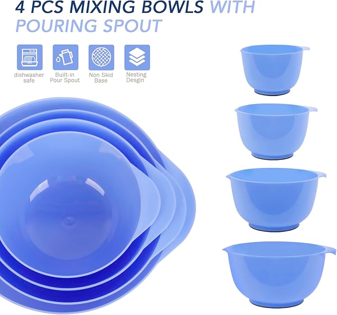 BoxedHome 4 Quart Large Plastic Mixing Bowls, Microwave Safe Mixing Bowl Set with Pour Spout, Nesting Bowls for Space Saving Storage(Violet Blue)