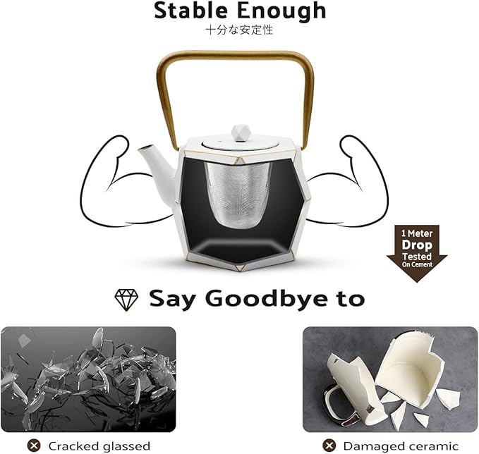 Toptier Cast Iron Teapot, Stovetop Safe Japanese Cast Iron Tea Kettle, Diamond Design Tea Pot with Removable Infuser for Loose Tea, 30 Ounce (900 ml), White