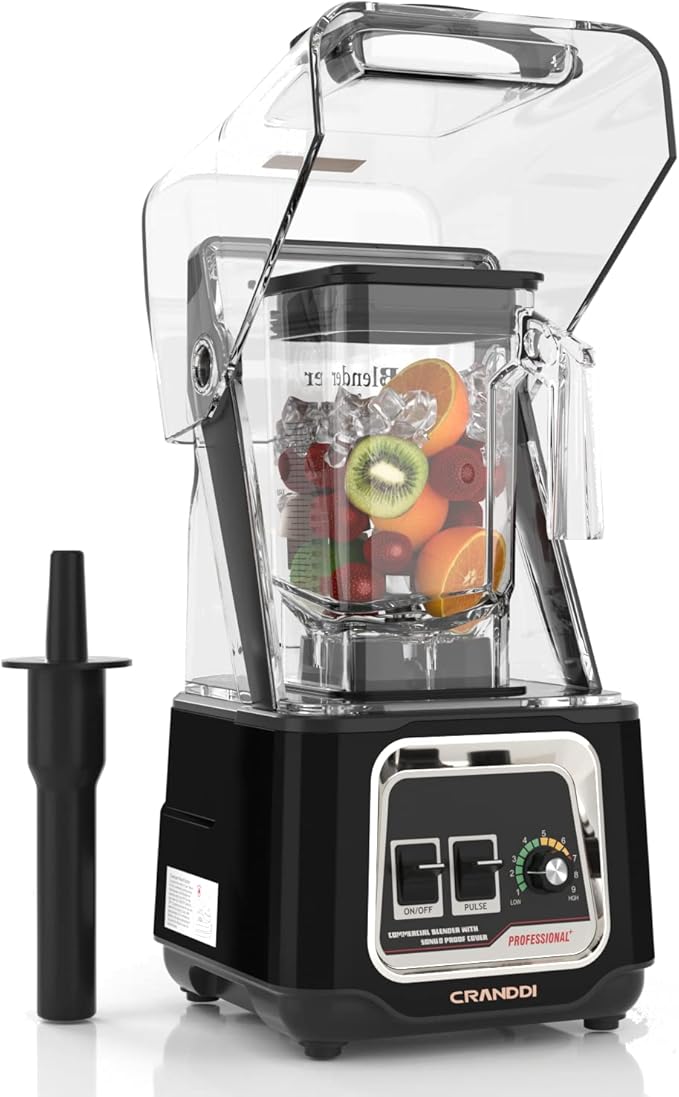 CRANDDI Commercial Blender, 2200W Countertop Blenders with Removable Shield, Quiet Smoothie Blender for Shakes and Ice Crushing, 52oz, 38000 RPM Professional Blenders for Kitchen, K80 (Black)