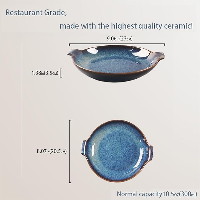 Ceramics Au Gratin baking Dishes Set of 2, Baking Tray Bake ware, 10.5 oz Ramekins, for Pie Pan, Appetizer, Tart, Dessert, Quiche, Oven Small dish, individual dishes, Round 9 Inch