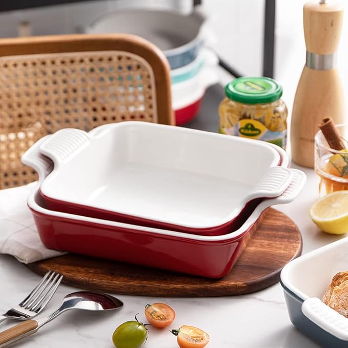 Sweejar Ceramic Baking Dish, 9 x 9 Cake Baking Pan for Brownie, Porcelain Square Bakeware with Double Handle for Casserole, Lasagna, Family Dinner (Red)