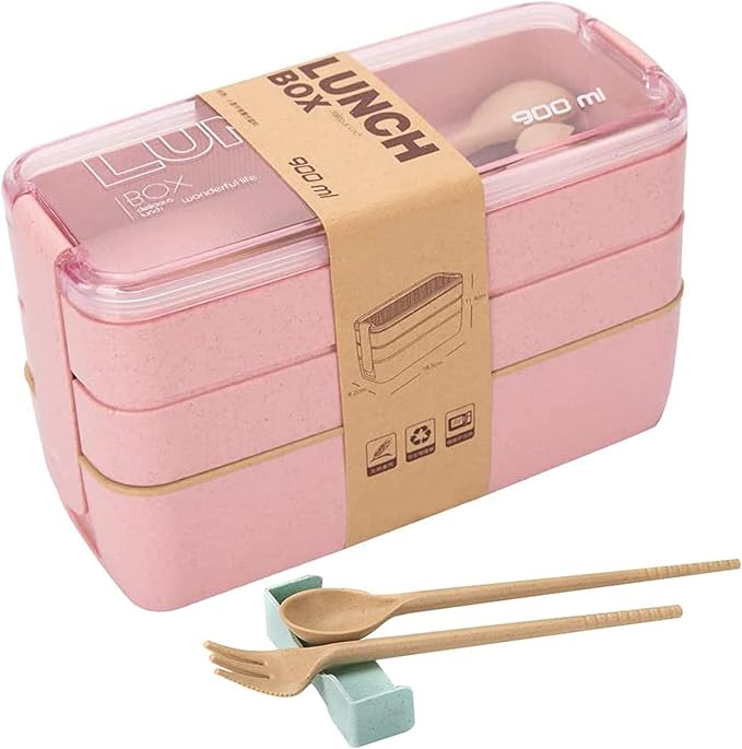 Rarapop Pink Stackable Bento Box Japanese Lunch Box Kit with Spoon & Fork, 3-In-1 Compartment Wheat Straw Meal Prep Containers for Kids & Adults