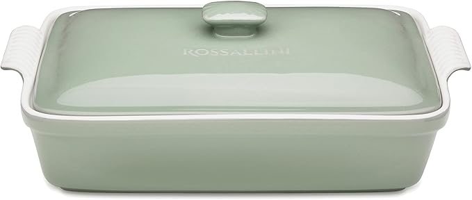 ROSSALLINI Stoneware Casserole Dish Bakeware Set with Lid, Covered Rectangular Dinnerware, Large 3.2 Quart, 11 by 9 Inch, Verde Salvia [Sage Green]