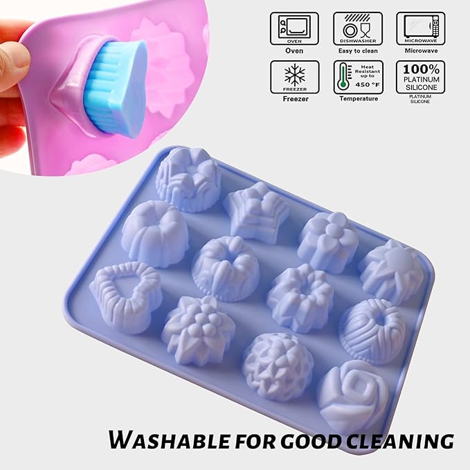 Sakolla 3 Pack Flower Molds Silicone, 12 Cavities Different Shapes Silicone Molds for Chocolate, Cupcake, Candy, Jelly, Ice Cube, Muffin (Pink, Purple, Blue)