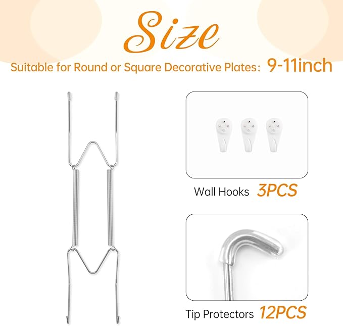 3 Pack Plate Hangers for The Wall, Suitable for 9-11 inch Art Plate, Stainless Steel Invisible Heavy Duty Wire Plate Holder with Wall Hooks, Plate Hangers for Displaying Plates, Platter, Dish, Silver