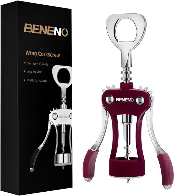Beneno Wine Opener, Zinc Alloy Premium Wing Corkscrew with Multifunctional Bottles Opener, Sharp Wine Corkscrew with Ergonomic Non-Slip Wing Handle, Purple