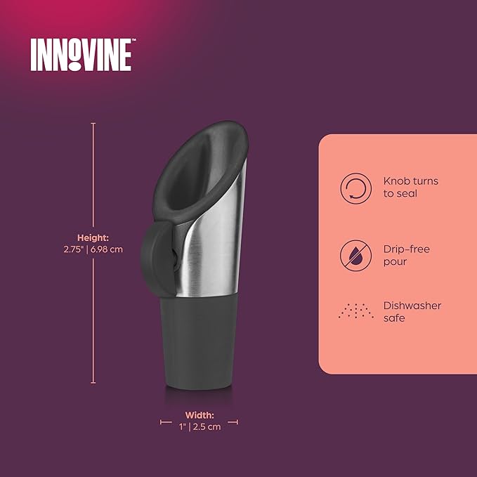 Innovine Wine Pourer and Stopper, Drip-Free Stainless Steel and Silicone Construction, Perfect for White and Red Wines, Home Bar Accessories, Kitchen Essentials, Set of 1, Graphite