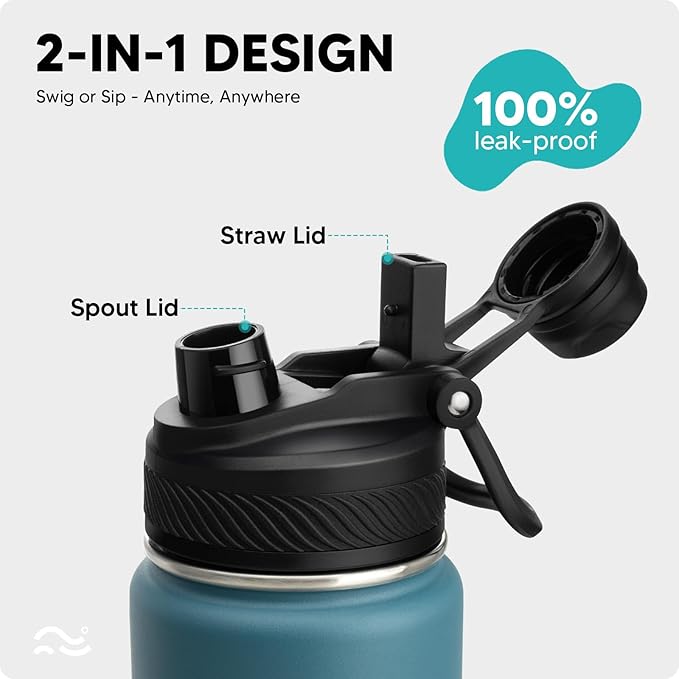 Swigina [2-IN-1 LID] Insulated Water Bottle with Silicone Boot (36hrs Cold/18hrs Hot) - DIY Stickers, Leakproof, BPA Free, 24 oz