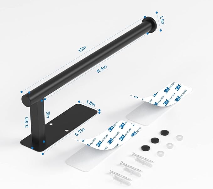 ASTOFLI Paper Towel Holder Under Cabinet No Drilling, Self Adhesive Paper Towel Holder Wall Mount for Kitchen Rack, Under Counter Napin Holder No Drill, RV, 304 Stainless Steel, Matte Black 2 Pack