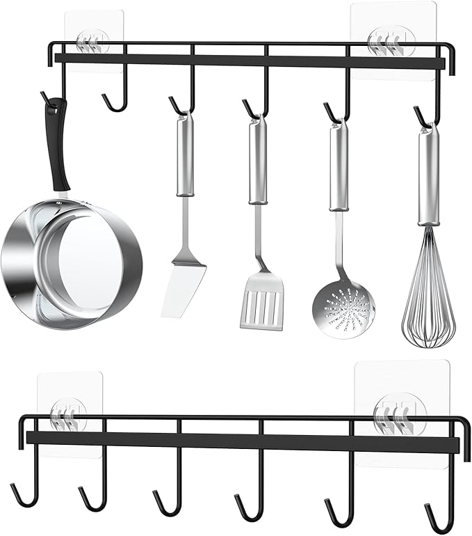 Myfolrena Adhesive Kitchen Hooks Utensil Hanger Holder Hanging Rack 2 Pack, Hanging Rack Wall Mounted Kitchen Rail for Spoons Pot Coffee Mug Cups Tags(Black)