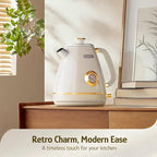 Hazel Quinn Retro Electric Kettle - 1.7 Liters / 57.5 Ounces Tea Kettle with Thermometer, All Stainless Steel, 1200 Watts Fast Boiling, BPA-free, Cordless, Automatic Shut Off - Pearl White