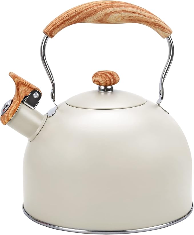 Tea Kettle Stovetop, 2.6Qt Whistling Tea Pots for Stove Top, Heat-resistant Folding Handle，Cute Teapot(Beige)