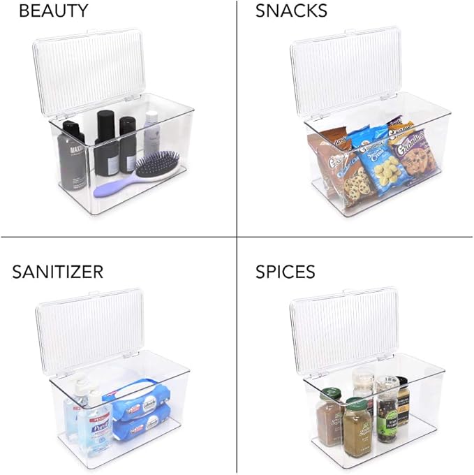 Isaac Jacobs Large Stackable Organizer Bin (10.75” x 6.5” x 6.1”) w Hinged Lid Clear Storage Box Home Office School Fridge Bathroom Kitchen Pantry Container BPAFree Food Safe (Large Clear)