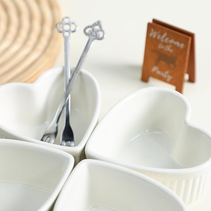 Sizikato Heart-Shaped Porcelain Souffle Dishes, Ramekins - 3.5 Inches for Souffle, Creme Brulee and Dipping Sauces - Set of 4
