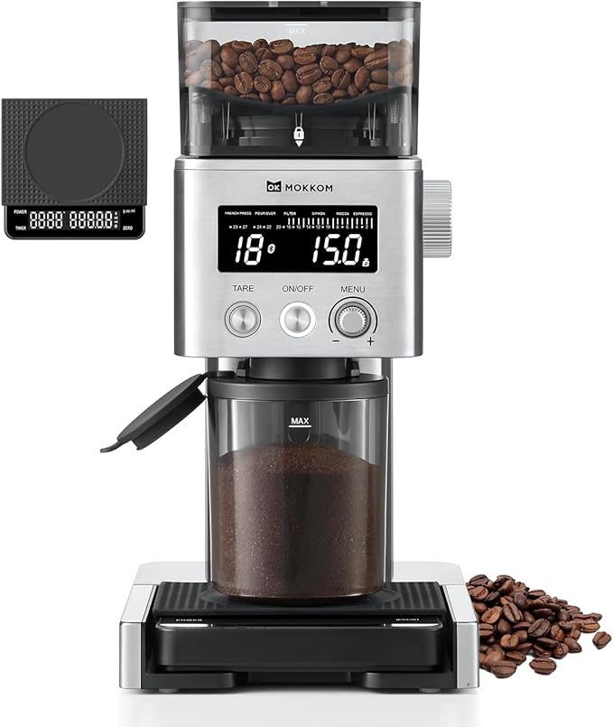 MOKKOM Coffee Grinder with Removable Coffee Scale via Bluetooth Connectivity, Anti-static Conical Burr Coffee Bean Grinder, 31 Precise Settings for French Press/Cold Brew/Pour Over/Drip/Espresso