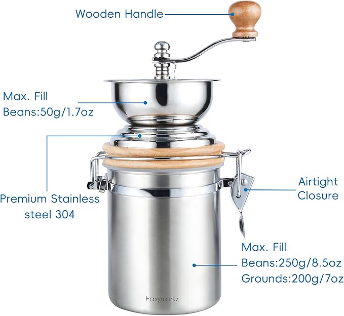 Easyworkz Manual Coffee Grinder - Adjustable Settings, Airtight Canister - Coffee Bean Mill Tool for Kitchen, Hand Crank Coffee Grinder