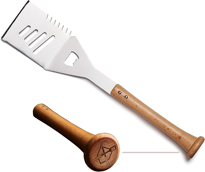 Baseball BBQ | 'Slider' Multi-Tool Spatula | BBQ Grilling Accessories & Utensils for Baseball Fans| Unique Wooden Bat Handle & Quality Stainless Steel Design | Ideal Gift for Dads or Grill Master