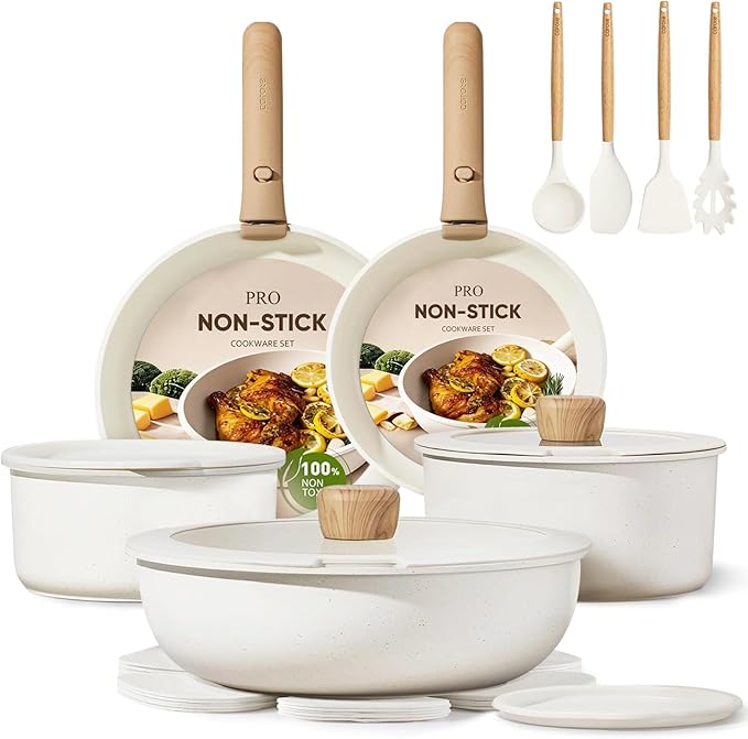 CAROTE 19pcs Pots and Pans Non Stick, Cookware Sets Detachable Handle, Induction Kitchen Pots and Pans,NonStick Cooking Set, Oven/Dishwasher/Fridge Safe, Space Saving