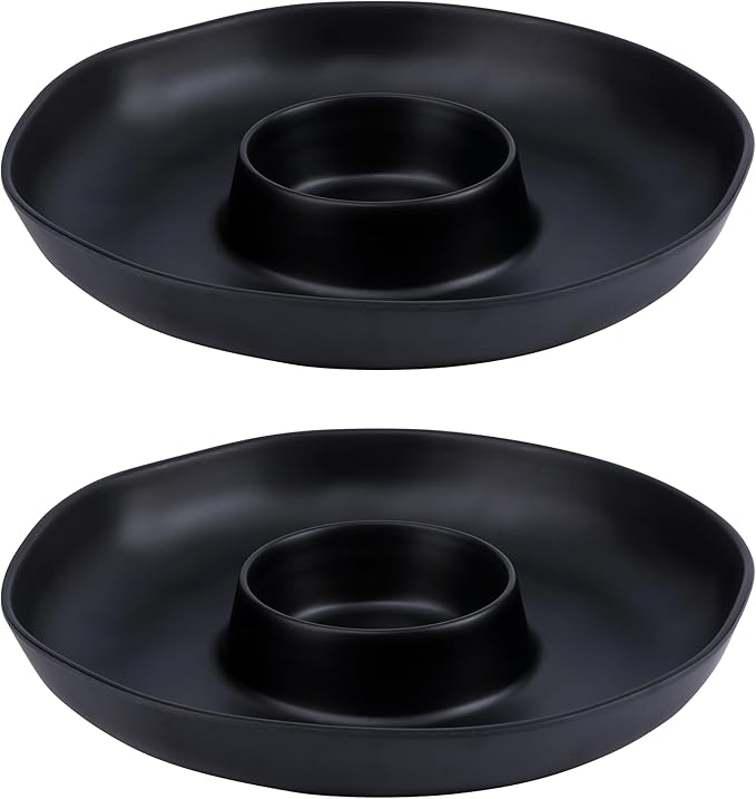 Chip & Dip Serving Set, 2 PCS Divided Cheeses Serving Platter, Relish Tray, Round Compartment Appetizer Set for Chips and Dip, Veggies, Candy and Snacks, Black, Set of 2
