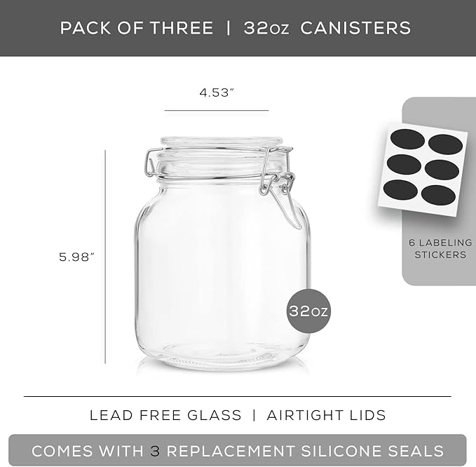 JoyJolt Airtight Glass Jars with Lids Set of 3. 32oz Glass Jar with Lid and 6 Silicone Seals! Med Glass Food Storage Containers. Square Mason Jar, Candy Jar, Sugar Jar, Pasta Containers for Pantry