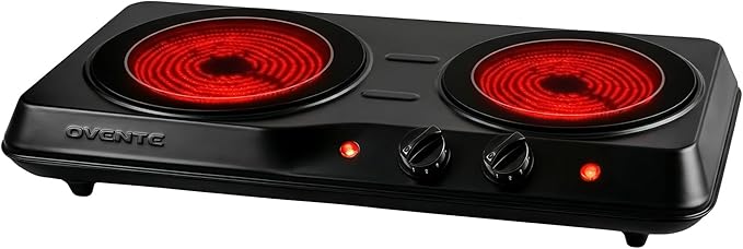 OVENTE Countertop Infrared Double Burner, 1700W Electric Hot Plate and Portable Stove with 7.75" and 6.75" Ceramic Glass Cooktop, 5 Level Temperature Setting and Easy to Clean Base, Black BGI102B