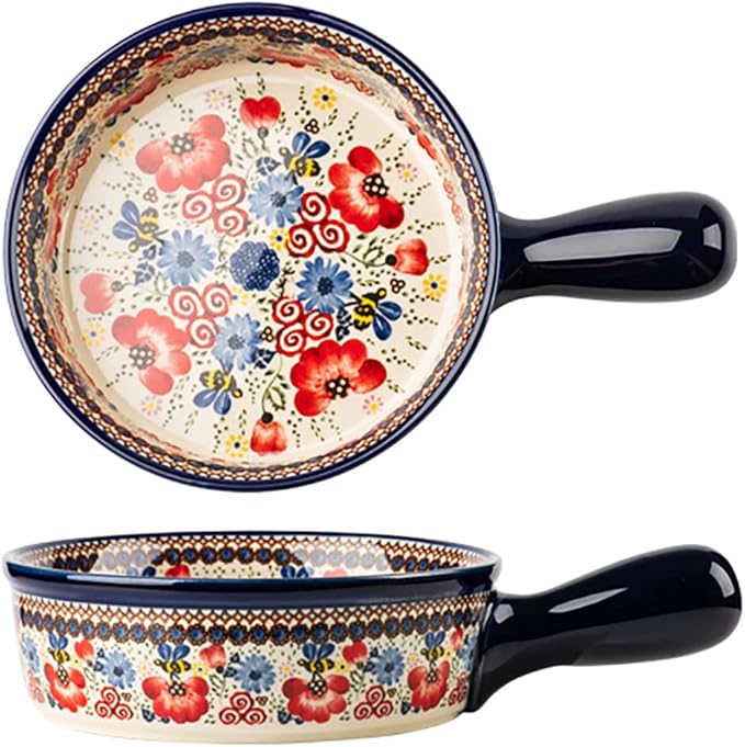 Vintage Flowers Style Ceramic Bakeware Casserole Dish Baking Pan Lasagna Pans Baking Dish with Handles for Oven/Cooking/Kitchen-1 PCS-Red Flowers-20 OZ