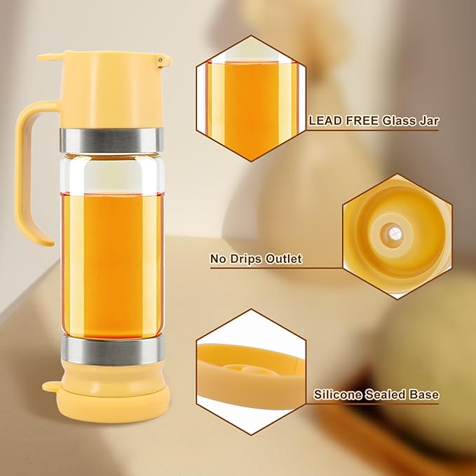 Glass Honey Dispenser No-Drip with Handle – 12 oz Maple Syrup Jar Dispenser for Coffee, Pancakes & Waffles – Elegant Glass Syrup Container for Easy Pouring – Honey Jar for Kitchen & Breakfast Table