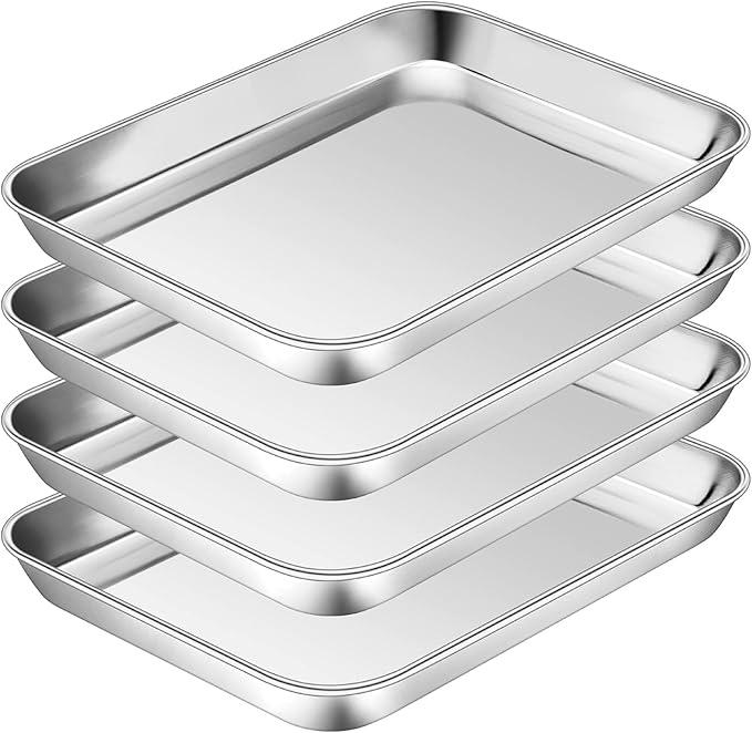 P&P CHEF 10.5 Inch Baking Cookie Sheet, Oven Pan Tray Stainless Steel Sheet Pan for Kitchen, Oven Bakeware for Multi Uses, Shiny Look & Dishwasher Safe, Healthy & Heavy Duty, 4Pcs