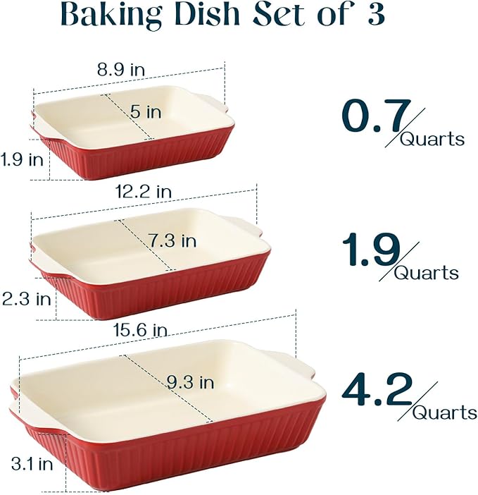 DOWAN Casserole Dishes for Oven, Set of 3 Rectangular Ceramic Baking Dishes, 135 oz Capacity, Red (15.6''/12.2''/8.9'')