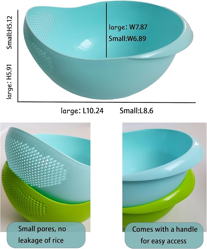 2-in-1 Rice Colander, Vegetable and Fruit Cleaning Filter Basket, 2Piece Sturdy and Easy-To-Use Food Grade Kitchen Tool Accessories (blue, Small)