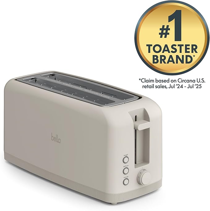 bella 4 Slice Slim Toaster, Fits-anywhere™ Kitchenware, 6 Setting Shade Control with Reheat & Cancel Buttons, Fits Sourdough, 10” Long Slot, Anti Jam & Auto Shutoff, 900 Watt, Oatmilk
