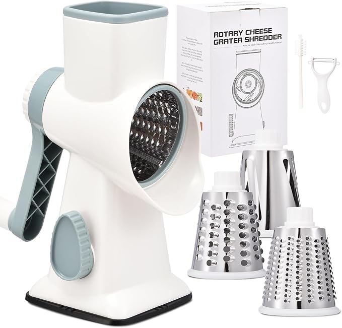 Rotary Cheese Grater with Handle Kitchen Shredder Slicer Grater Slicer Ice Shaver Cheese Vegetable Nuts Potato Zucchini Chocolate 3 Interchangeable Blades (WhiteBlue)