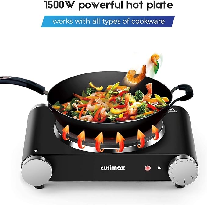 Cusimax Hot Plate Electric Burner Single Burner Cast Iron hot plates for cooking Portable Burner 1500W with Adjustable Temperature Control Stainless Steel Non-Slip Rubber Feet, Upgraded Version