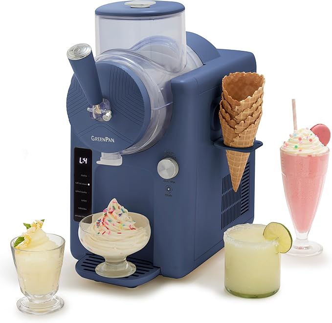 GreenPan Frost Ice Cream Maker & Slushie Machine, Soft Serve, Sorbet, Margaritas, Milkshakes, Frozen Yogurt, No Pre-Freezing, Ready in 15 Mins, 6 Modes, 7 Textures, Self-Cleaning, Family Size, Blue