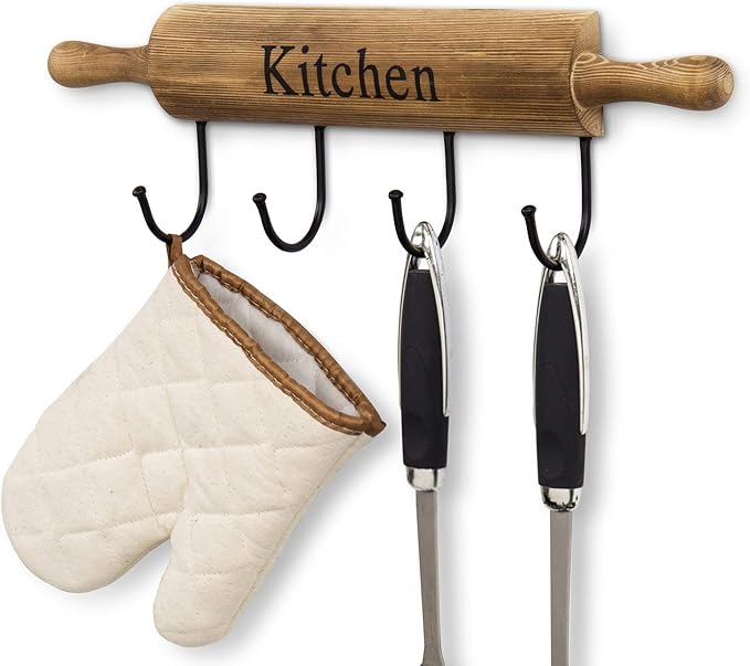 MyGift Rustic Burnt Brown Wood Kitchen Hooks for Hanging Cooking Utensils, Coffee Mugs and Hand Towels, Decorative Rolling Pin Design Kitchen Wall Decor with 4 Hooks