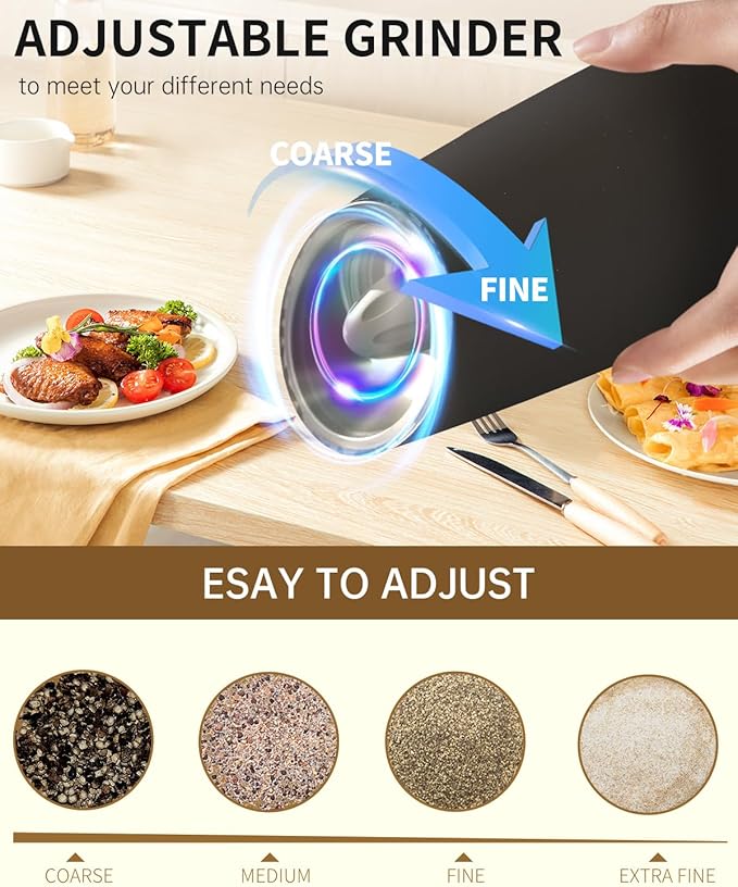 CIRCLE JOY Rechargeable Salt and Pepper Grinder Set Gravity Electric Salt and Pepper Grinder Set, LED Light, Adjustable Coarseness, for Home Kitchen BBQ, Black & White