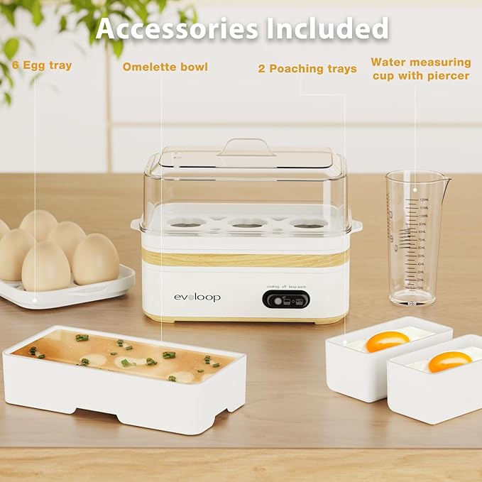 Rapid Egg Cooker Electric 6 Eggs Capacity, Soft, Medium, Hard Boiled, Poacher, Omelet Maker Egg Poacher With Auto Shut-Off, BPA Free-White