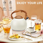 GGC Tea Kettle for Stove Top, Loud Whistling Kettle for Boiling Water Coffee or Milk, 3.1 Quart 3L Heavy Stainless Steel White Kettles with Wood Pattern Handle, Unique Button Control Kettle Outle
