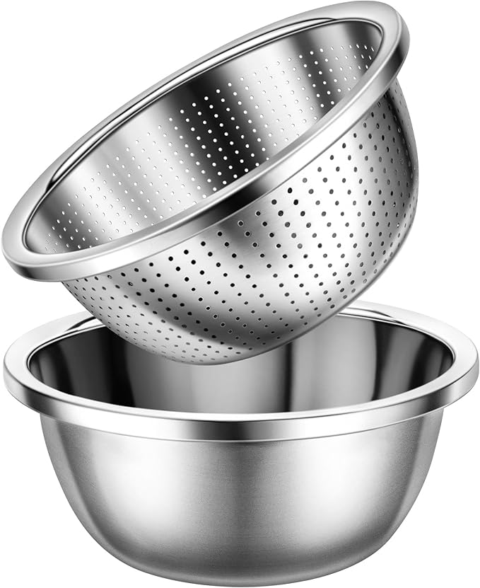 Colander 304 Stainless Steel 4-quart with Mixing Bowls, Strainer for Kitchen Food For washing vegetables, fruit, rice, Dishwasher Safe. (2PC)