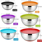 P&P CHEF Mixing Bowls With Lids, Set of 6, Stainless Steel Nesting Mixing Bowls & Fitting Lids & Non-Slip Silicone Bottom, Ideal for Mixing, Storing, Size 0.7/1/1.5/2.5/3/4.6 Qt, Multicolor