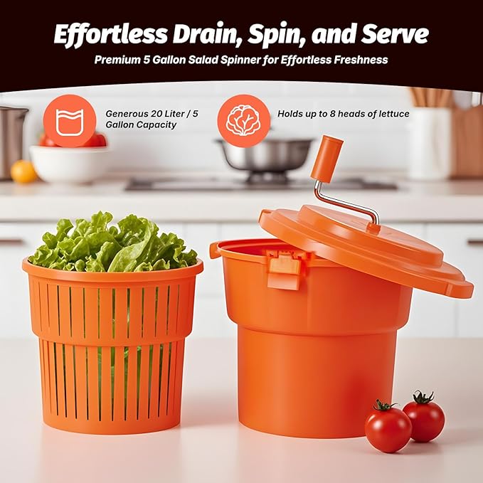 CLIVIA 5 Gal/20 Qt Large Commercial Salad Spinner Jumbo Manual Lettuce Dryer-Dries up to 7 Heads of Lettuces