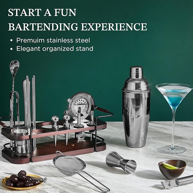KITESSENSU Cocktail Shaker Set Bartender Kit with Stand | Complete 24-Piece Bar Set Cocktail Kit with All Bar Accessories, Black