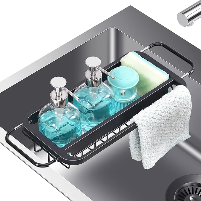 TOOLF Expandable Sink Caddy with Dish Towel Bar, Adjustable Over-The-Sink Organizer for Kitchen, Rustproof Sponge Holder and Drying Rack