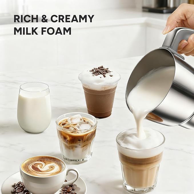 6-in-1 Electric Milk Frother and Steamer with Detachable Cups, Automatic Cold and Warm Foam Maker for Lattes/Cappuccinos/Hot Chocolate, Dishwasher Safe Black