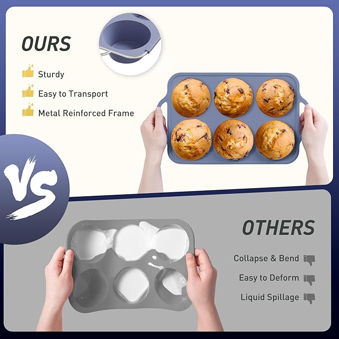 2 Packs 6 Cups Silicone Muffin Pan with Metal Reinforced Frame Jumbo Size Cupcake Pan Tray Egg Bites Silicone Circle Cookie Molds Extra Large Muffin Tin Tart Pans for Breakfast Sandwiches