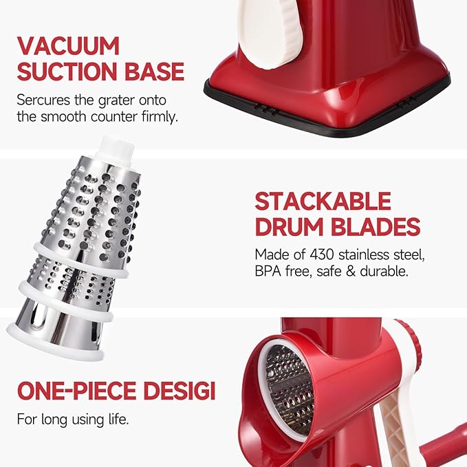 Rotary Cheese Grater with Handle Kitchen Shredder Slicer Grater Slicer Ice Shaver Cheese Vegetable Nuts Potato Zucchini Chocolate 3 Interchangeable Blades (RedWhite)
