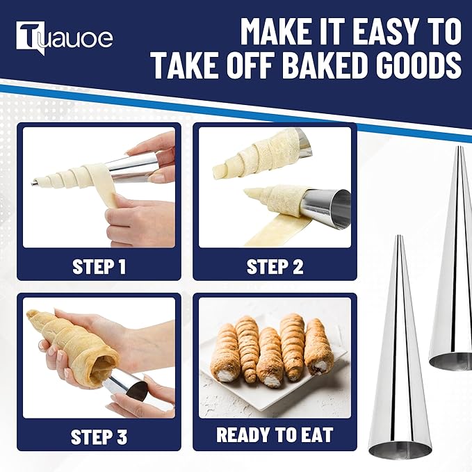 Cream Horn Molds for Baking, 23pcs Horn Forms Set, Non-stick Stainless Steel 15pcs Cone Shaped with Cleaning Brush, Piping Tip, Piping Bag, for ice Cream Cones, Puff Pastry, Baking Cones