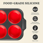BRONYPRO Jumbo Silicone Muffin Pan with Metal Frame, 3.5" Large Muffin Tins, Non-Toxic Food Grade Silicone, Non-Stick for Egg Bites & Big Cupcakes, Oven Safe, Red