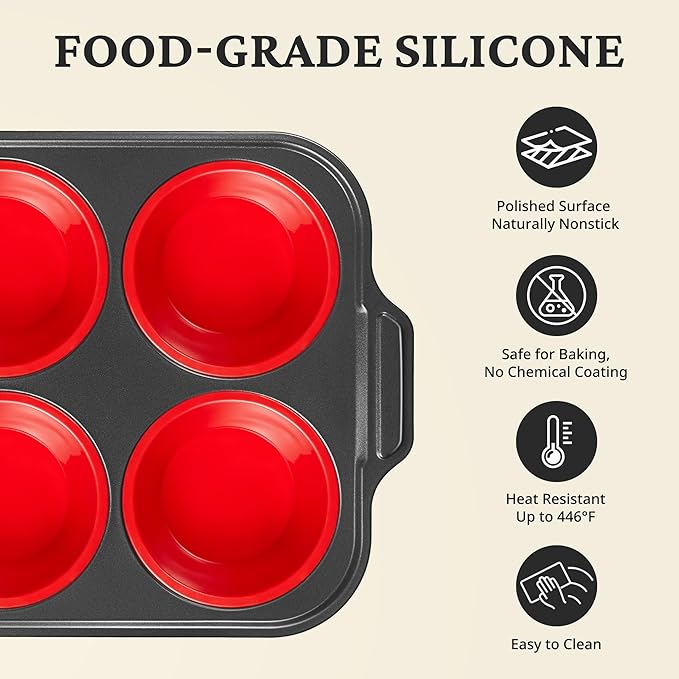 BRONYPRO Jumbo Silicone Muffin Pan with Metal Frame, 3.5" Large Muffin Tins, Non-Toxic Food Grade Silicone, Non-Stick for Egg Bites & Big Cupcakes, Oven Safe, Red