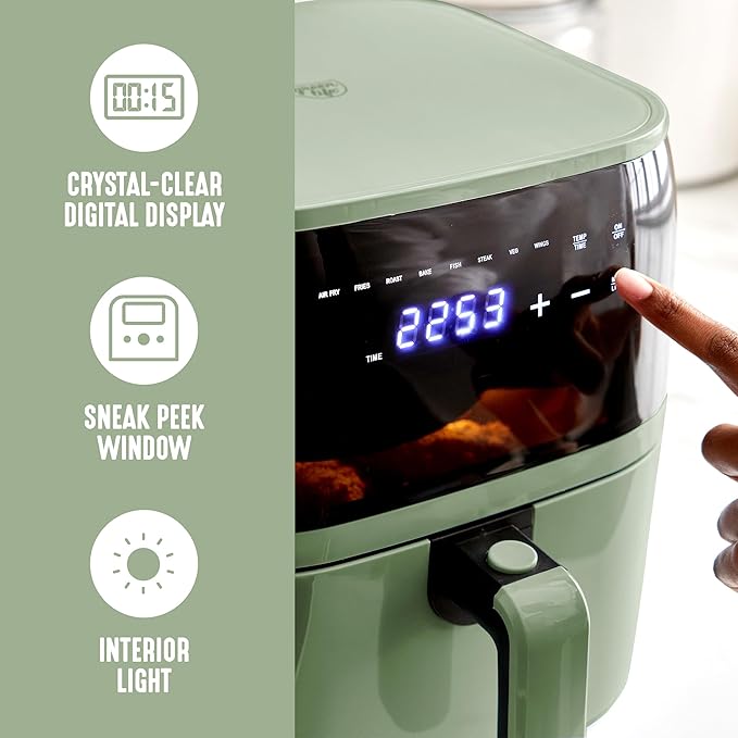 GreenLife Compact Electric Air Fryer Oven, 5.3 QT, PFAS-Free Ceramic Nonstick Drawer, 8 One Touch Digital Display, Easy View Window, Auto Shut-Off Timer, Dishwasher Safe Parts, 1500 Watts, Sage